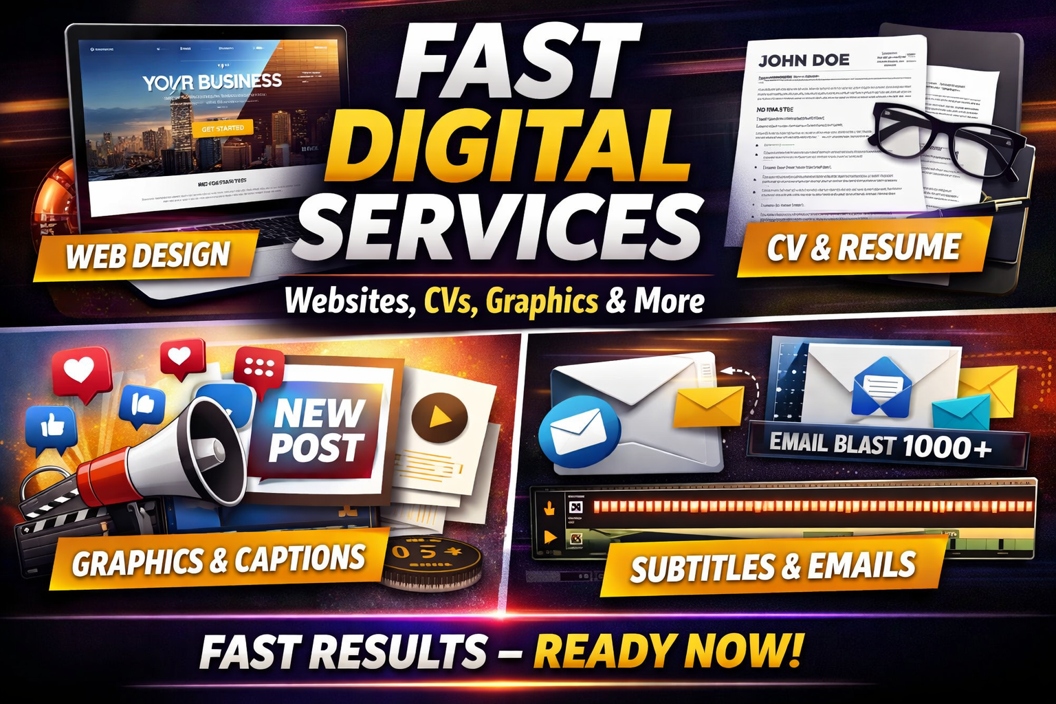 I will handle your website, CV, graphics, captions, videos, emails & digital tasks fast